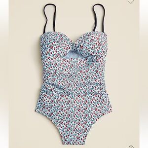 J.Crew women’s Gemma ruched bandeau cut out blue red floral one piece swimsuit
